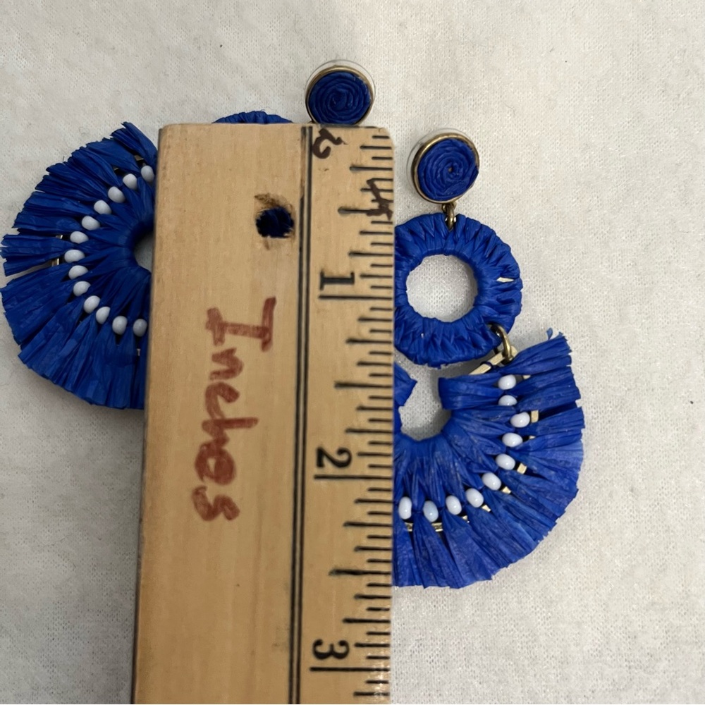 J.Crew Raffia Fan Earring Cobalt Blue White Beads - Picture 4 of 6